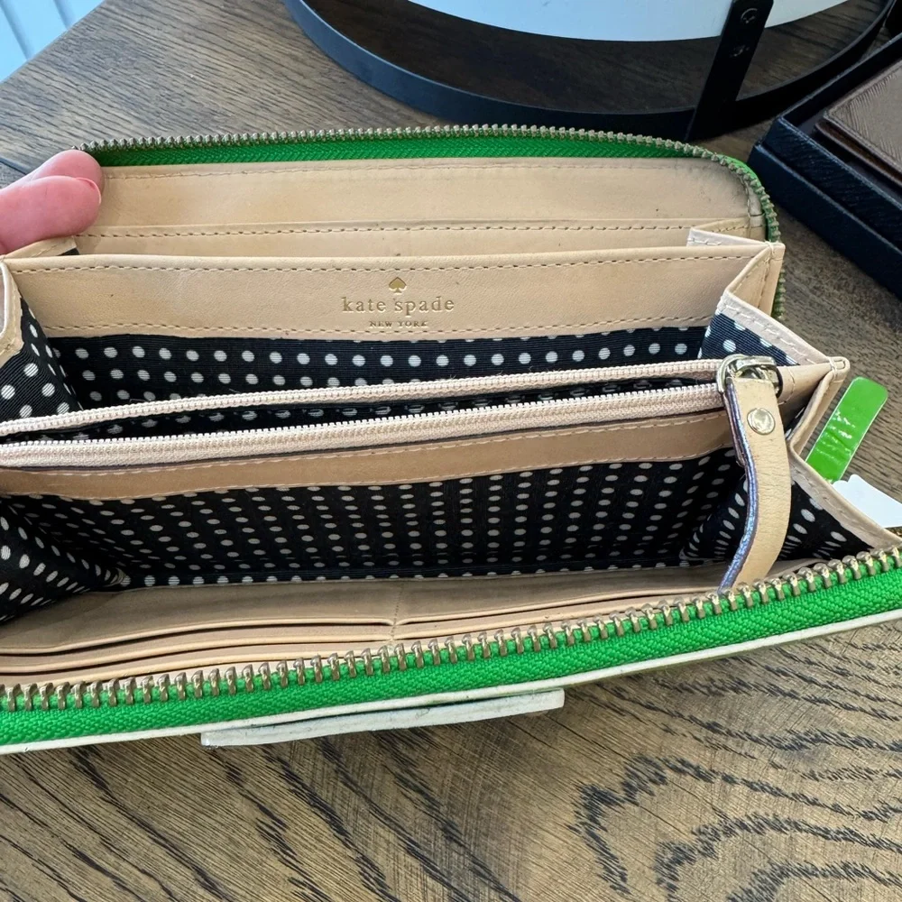 Kate Spade Green Patent Leather Zip Around Continental Wallet Polka Dot Interior